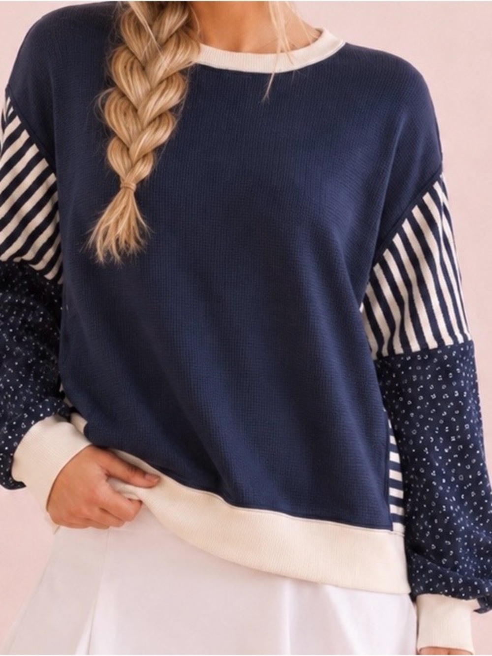 NEW Altar’d State AS Revival Navy and Cream Patchwork Pullover Size Small NWT